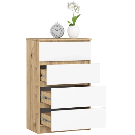 Komoda do sypialni, 4 szuflady, STILO, 60x40x99 cm, dąb artisan, biel, mat