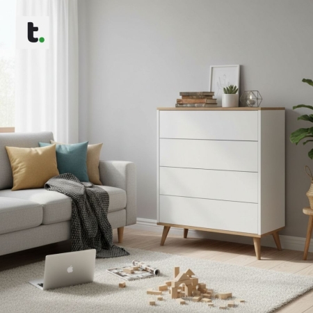 Komoda do salonu, sypialni, SKAND, 80x40x100 cm, dąb, biel, mat