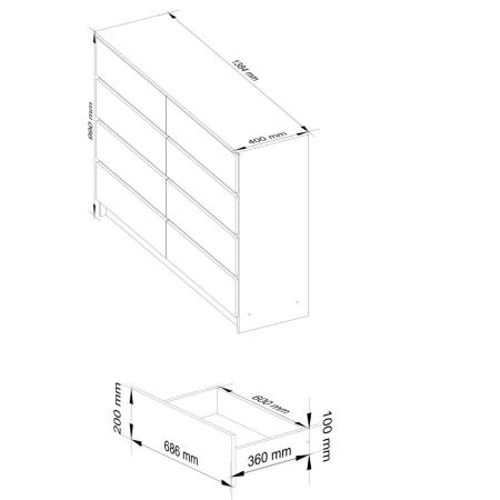 Komoda do sypialni, STILO, 8 szuflad, 140x40x99 cm, biel, mat