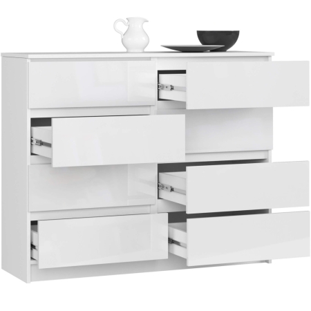 Komoda do salonu, sypialni, STILO, 8 szuflad, 120x40x99 cm, biel, połysk