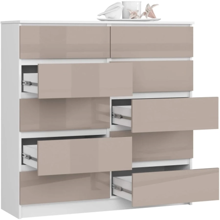 Komoda do salonu, sypialni, STILO, 10 szuflad, 120x40x121 cm, biel, cappuccino, połysk