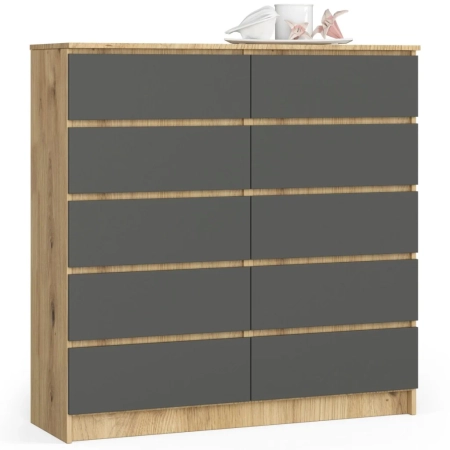 Komoda do salonu, sypialni, STILO, 10 szuflad, 120x40x121 cm, dąb artisan, grafit szary, mat