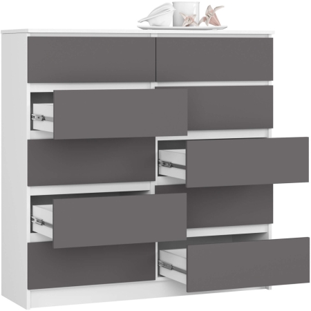 Komoda do salonu, sypialni, STILO, 10 szuflad, 120x40x121 cm, biel, grafit szary, mat