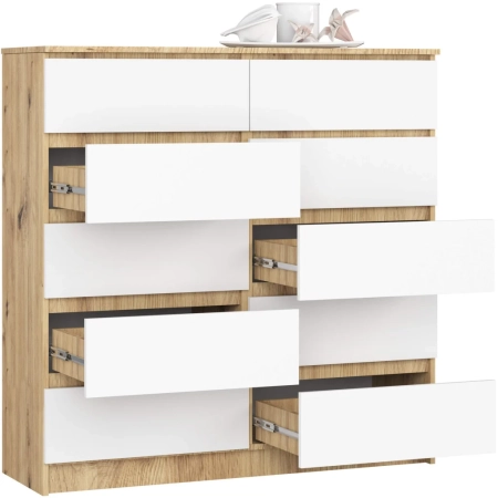 Komoda do salonu, sypialni, STILO, 10 szuflad, 120x40x121 cm, dąb artisan, biel, mat