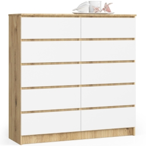 Komoda do salonu, sypialni, STILO, 10 szuflad, 120x40x121 cm, dąb artisan, biel, mat