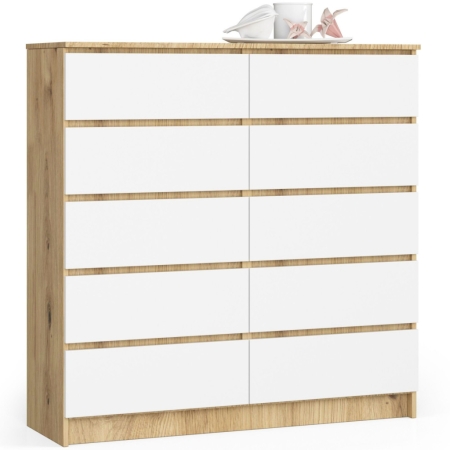 Komoda do salonu, sypialni, STILO, 10 szuflad, 120x40x121 cm, dąb artisan, biel, mat