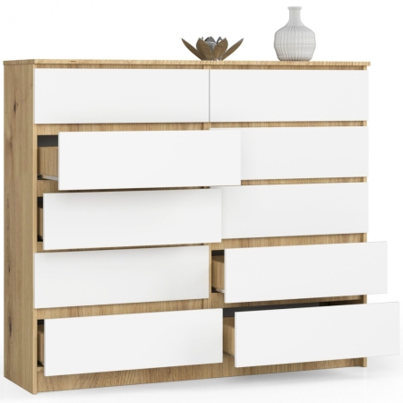 Komoda do sypialni, STILO, 10 szuflad, 140x40x121 cm, dąb artisan, biel, mat