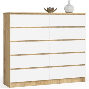 Komoda do sypialni, STILO, 10 szuflad, 140x40x121 cm, dąb artisan, biel, mat