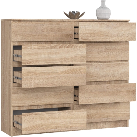 Komoda do sypialni, STILO, 10 szuflad, 140x40x121 cm, dąb sonoma, mat