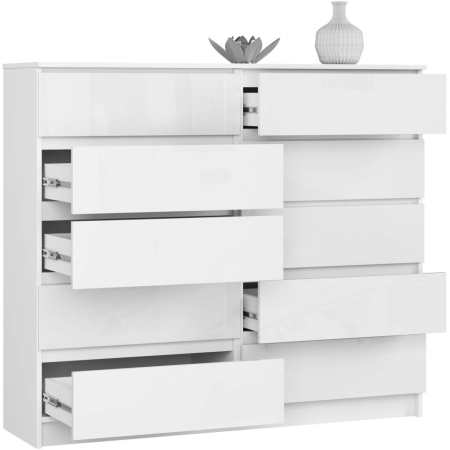 Komoda do sypialni, STILO, 10 szuflad, 140x40x121 cm, biel, połysk