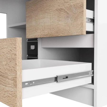 Biurko narożne, biurowe, prawe, SOREN Plus, 155x85x77 cm, biel, dąb sonoma, mat