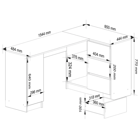 Biurko narożne, biurowe, prawe, SOREN Plus, 155x85x77 cm, biel, dąb sonoma, mat