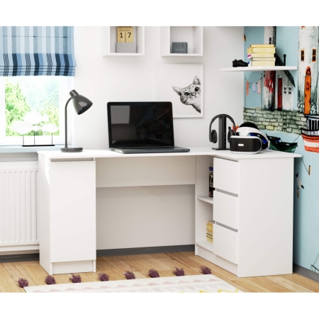 Biurko narożne, biurowe, prawe, SOREN Plus, 155x85x77 cm, biel, połysk