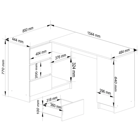 Biurko narożne, biurowe, lewe, SOREN Plus, 155x85x77 cm, dąb sonoma, biel, mat