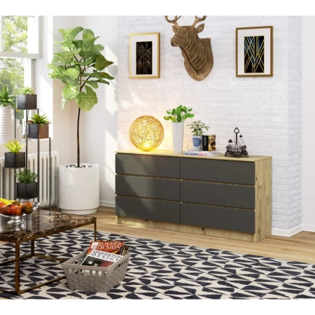 Komoda do sypialni, STILO, 6 szuflad, 160x40x77 cm, dąb artisan, grafit szary, mat
