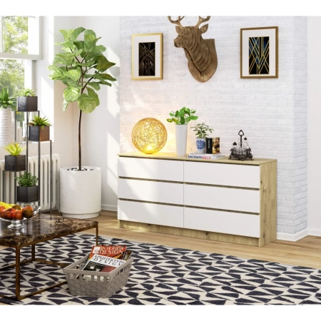 Komoda do sypialni, STILO, 6 szuflad, 160x40x77 cm, dąb artisan, biel, mat