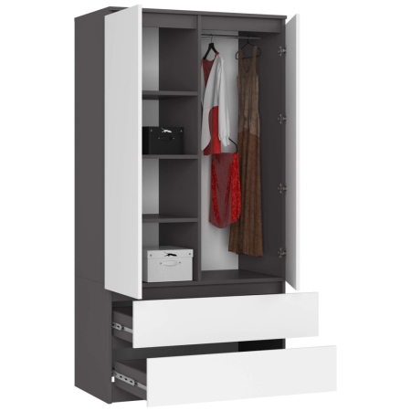 Szafa do sypialni, 2 szuflady, drzwi, DORMI, 90x51x180 cm, grafit, biały, mat