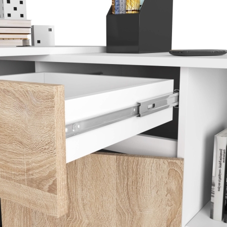 Biurko narożne, komoda, zestaw, TORAN, 120x126x77 cm, biel, dąb sonoma, mat