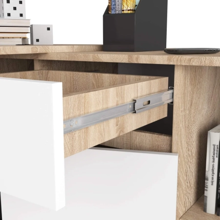 Biurko narożne, komoda, zestaw, TORAN, 120x126x77 cm, dąb sonoma, biel, mat
