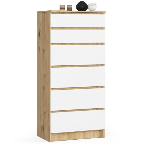 Przejdź do produktu Komoda do sypialni, pokoju, 6 szuflad, STILO, 60x40x130 cm, dąb artisan, biel, mat