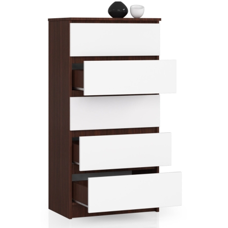 Komoda do sypialni, 5 szuflad, STILO, 60x40x121 cm, wenge, biel, mat