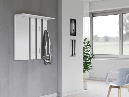 Wieszak na korytarz, półka, lustro, opal, 85x15x82 cm, biel, mat