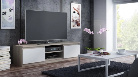 Szafka pod telewizor, stolik rtv, malwa, 140x40x36 cm, dąb sonoma, biel, mat
