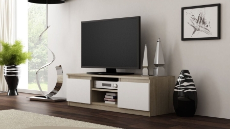 Szafka pod telewizor, stolik rtv, malwa, 120x40x36 cm, dąb sonoma, biel, mat