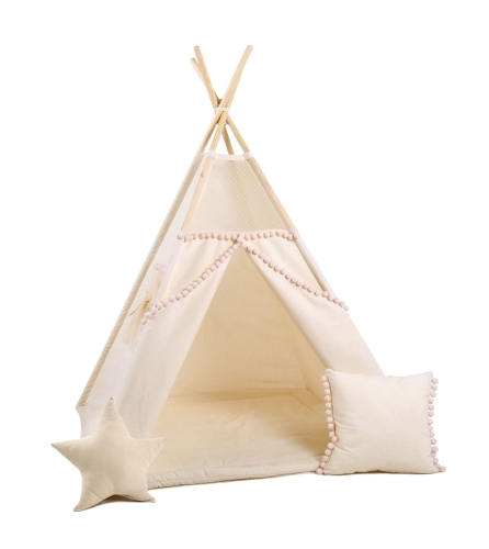 Przejdź do produktu Namiot tipi dla dzieci, bawełna, okienko, poduszka, kuleczkowa mgiełka