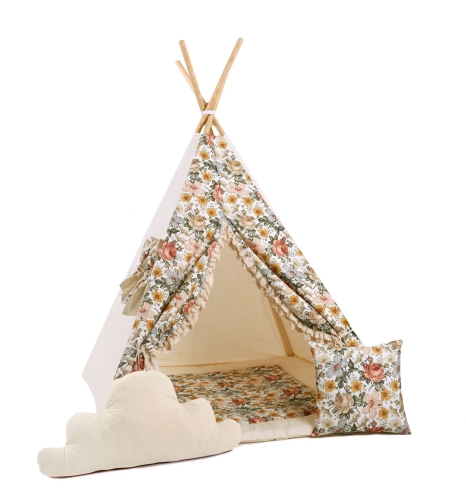 Przejdź do produktu Namiot tipi dla dzieci, bawełna, okienko, poduszka, słodka sielanka
