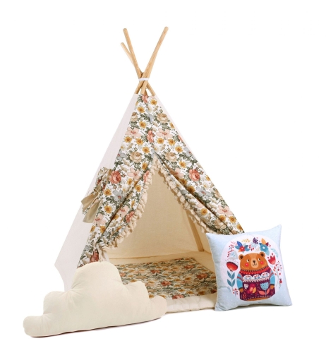 Przejdź do produktu Namiot tipi dla dzieci, bawełna, okienko, poduszka miś, słodka sielanka