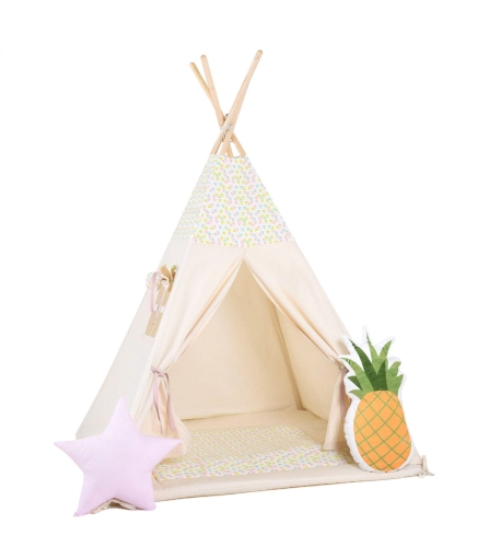 Przejdź do produktu Namiot tipi dla dzieci, bawełna, okienko, ananas, pudrowe cukierki