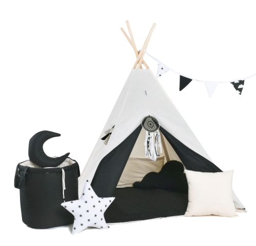 Przejdź do produktu Namiot tipi dla dzieci, bawełna, okienko, mega zestaw, grafitowa elegancja