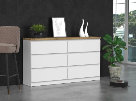 Komoda do sypialni, salonu, M6, 140x40x77 cm, biel, mat, dąb artisan