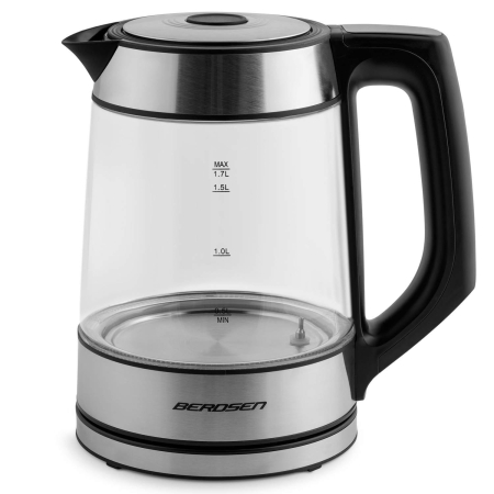 Czajnik elektryczny szklany, 1,7L, Berdsen, czarny, srebrny