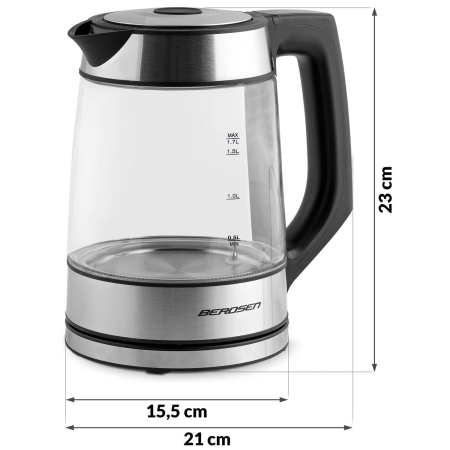 Czajnik elektryczny szklany, 1,7L, Berdsen, czarny, srebrny