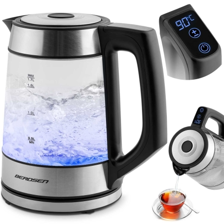 Czajnik elektryczny szklany, 1,7L, Berdsen, czarny, srebrny