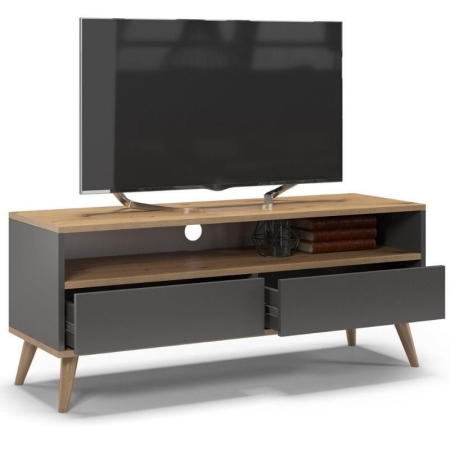 Szafka rtv, stolik pod telewizor, SKAND, 120x40x50 cm, grafit, dąb, mat