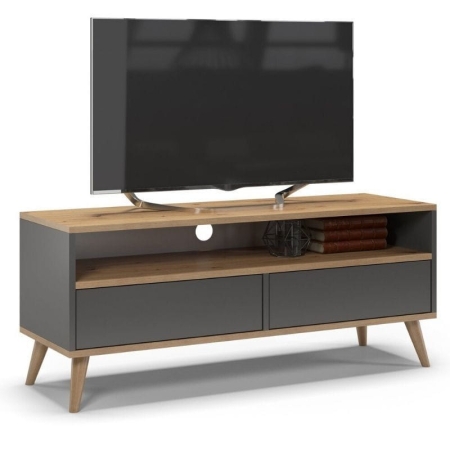 Szafka rtv, stolik pod telewizor, SKAND, 120x40x50 cm, grafit, dąb, mat