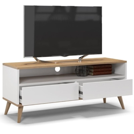 Szafka rtv, stolik pod telewizor, SKAND, 120x40x50 cm, dąb, biel, mat