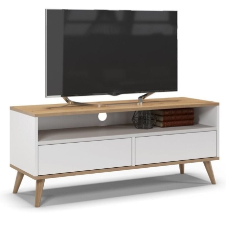 Szafka rtv, stolik pod telewizor, SKAND, 120x40x50 cm, dąb, biel, mat