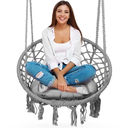 Fotel ogrodowy, wiszący, huśtawka, Boho, 80x80x108 cm, poduszka, szary