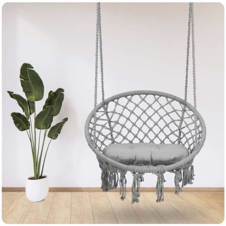 Fotel ogrodowy, wiszący, huśtawka, Boho, 80x80x108 cm, poduszka, szary