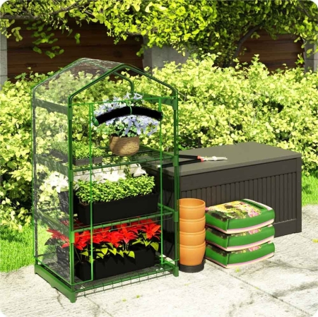 Szklarnia ogrodowa, regał, folia, 3 półki, 69x49x125 cm, zielona