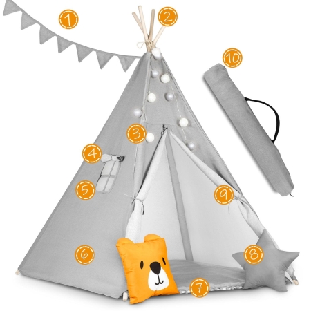 Namiot tipi dla dzieci, girlanda, światełka, 120x165 cm, szary