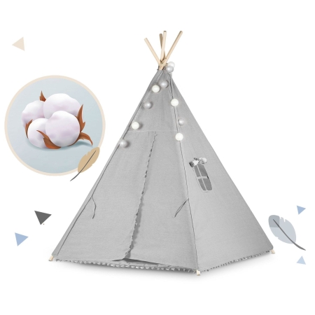 Namiot tipi dla dzieci, girlanda, światełka, 120x165 cm, szary