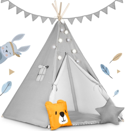 Namiot tipi dla dzieci, girlanda, światełka, 120x165 cm, szary