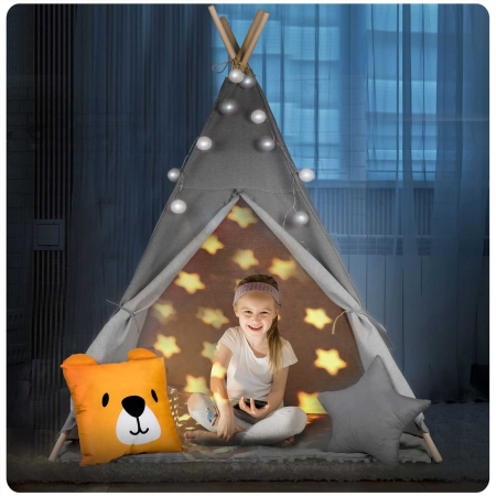 Namiot tipi dla dzieci, girlanda, światełka, 120x165 cm, szary