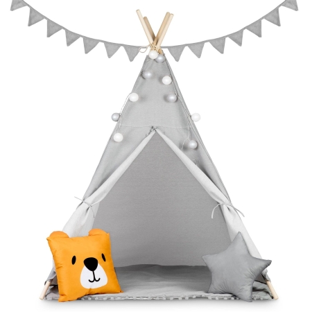 Namiot tipi dla dzieci, girlanda, światełka, 120x165 cm, szary