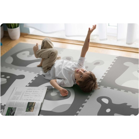 Mata piankowa, puzzle, 180x180 cm, 9 szt., szare zwierzątka